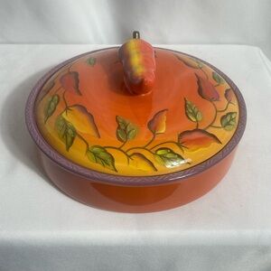 Clay Art Stonelite 2003 Chili Fiesta  Orange Ceramic Lidded Dish Hand Painted